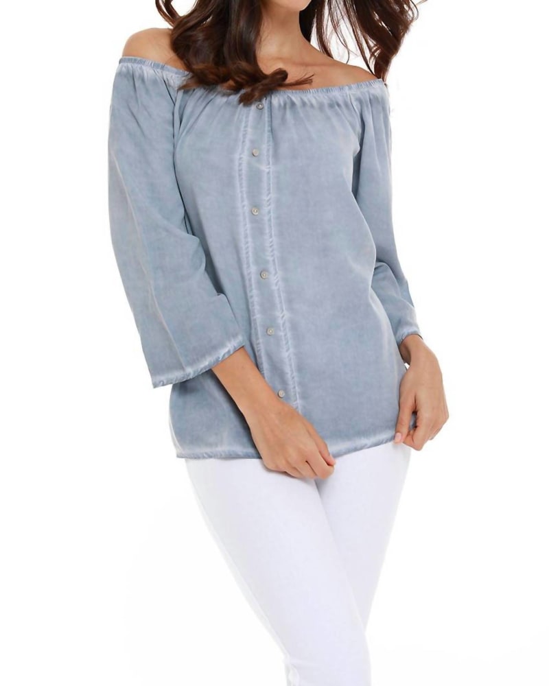 Front of a model wearing a size XL Luciana Button Off The Shoulder Top in Denim in Denim by french kyss. | dia_product_style_image_id:326739